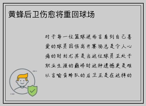 黄蜂后卫伤愈将重回球场